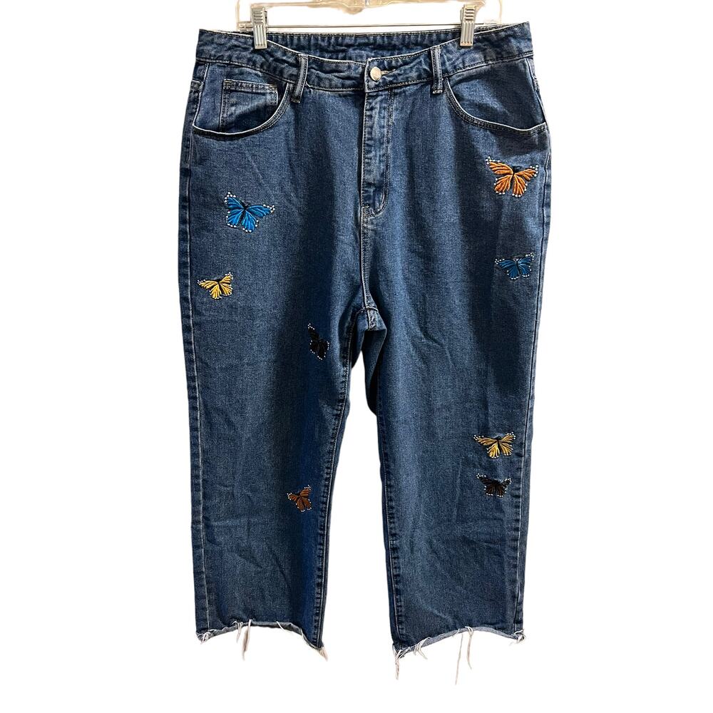 Shein Raw Edge Hem Crop Jeans, Butterfly Embroidery, 1XL